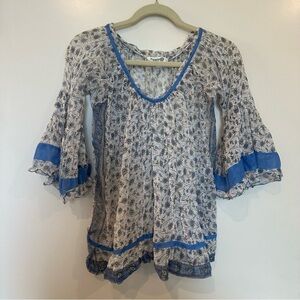 Poupette St Barth Womens floral top blouse flowy tunic white blue gauzy shirt OS